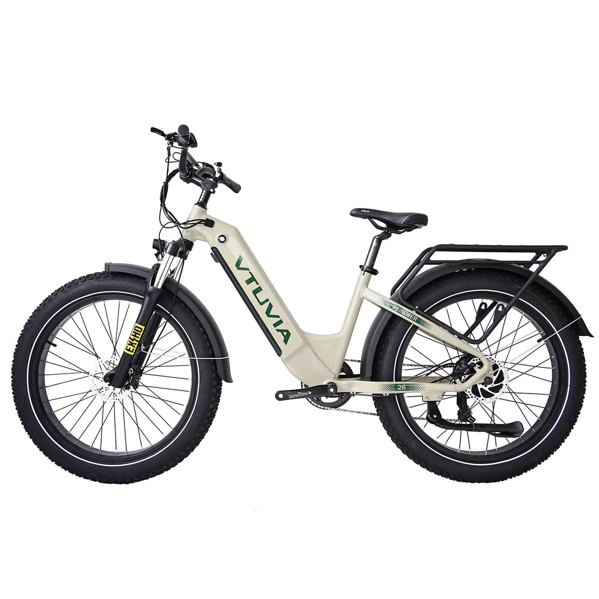 A cream VTUVIA Reindeer with the rear rack fitted