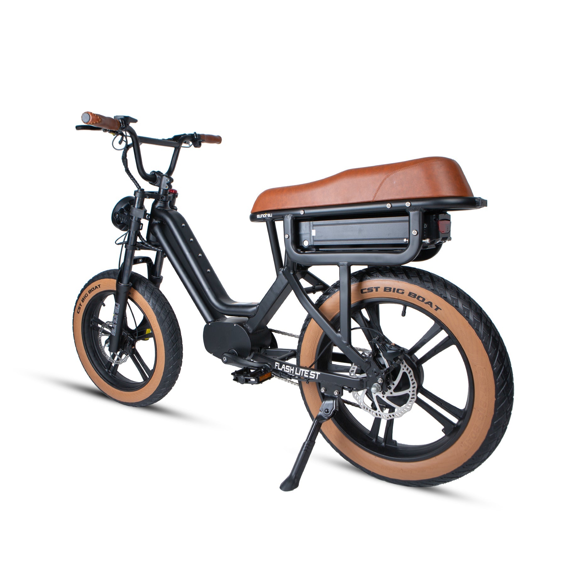 Eunorau FLASH LITE ST Step-Thru eMoped – Midnight Black – front three-quarter left view