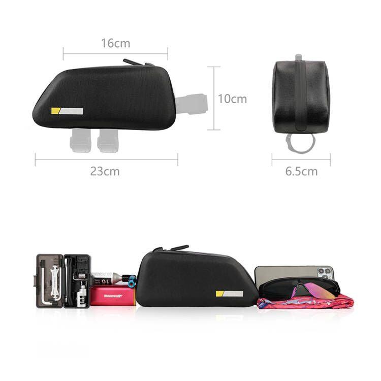 VTUVIA frame bag with its dimensions drawn: 23 cm long, 10 cm tall, 6.5 cm wide, 16 cm across the top, shown open with tools, a phone and glasses