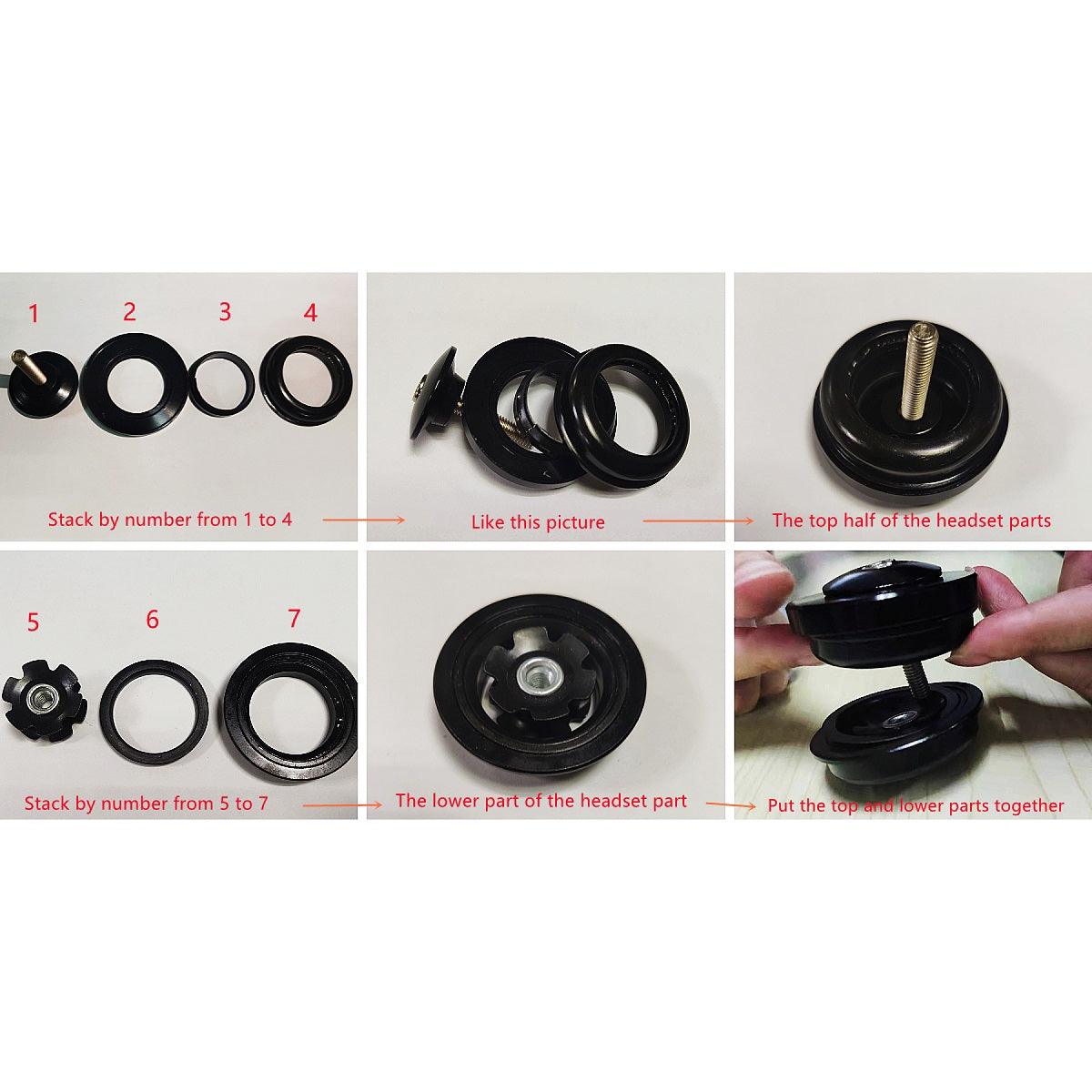 VTUVIA headset parts numbered 1 to 7 with the stacking order shown