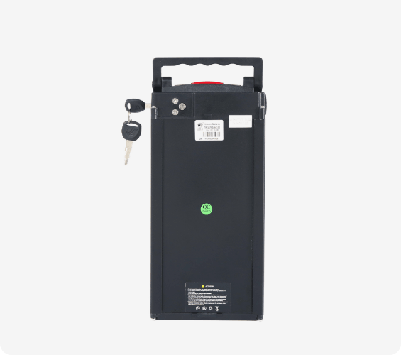 DWMEIGI battery pack, rear view with its key and label