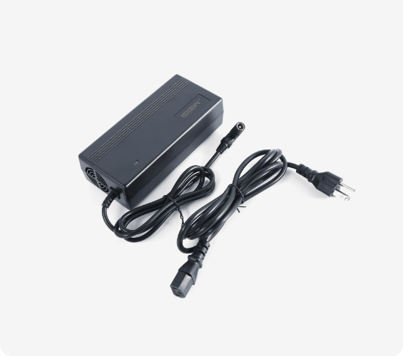 DWMEIGI battery charger and cords from above, with the US three-prong plug
