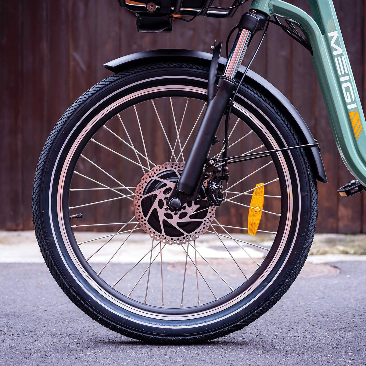 Close-up of the Blazer's front wheel, disc brake and suspension fork
