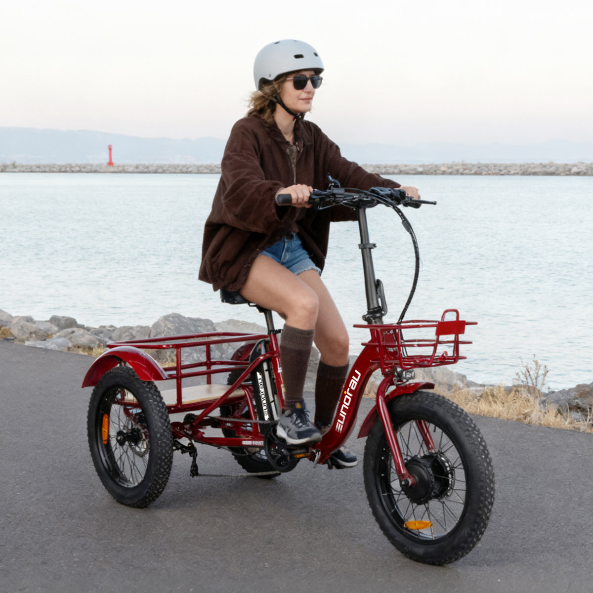 Eunorau NEW-TRIKE 2.0 Foldable Electric Trike – Deep Crimson – front three-quarter left view