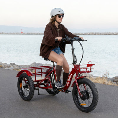 Eunorau NEW-TRIKE 2.0 Foldable Electric Trike – Deep Crimson – front three-quarter left view