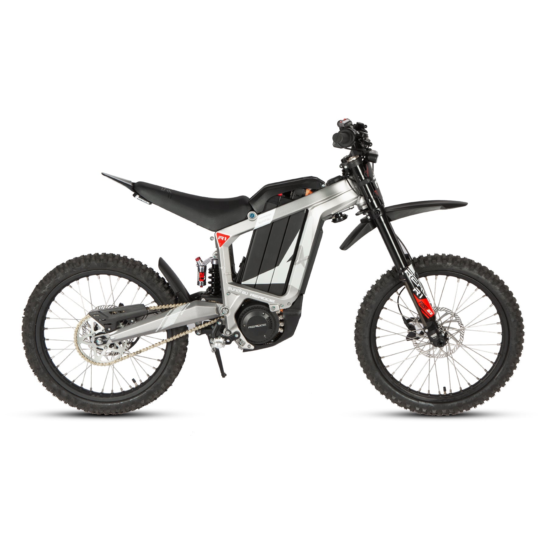 Eunorau R1 Electric Dirt Bike – Silver – front three-quarter right view