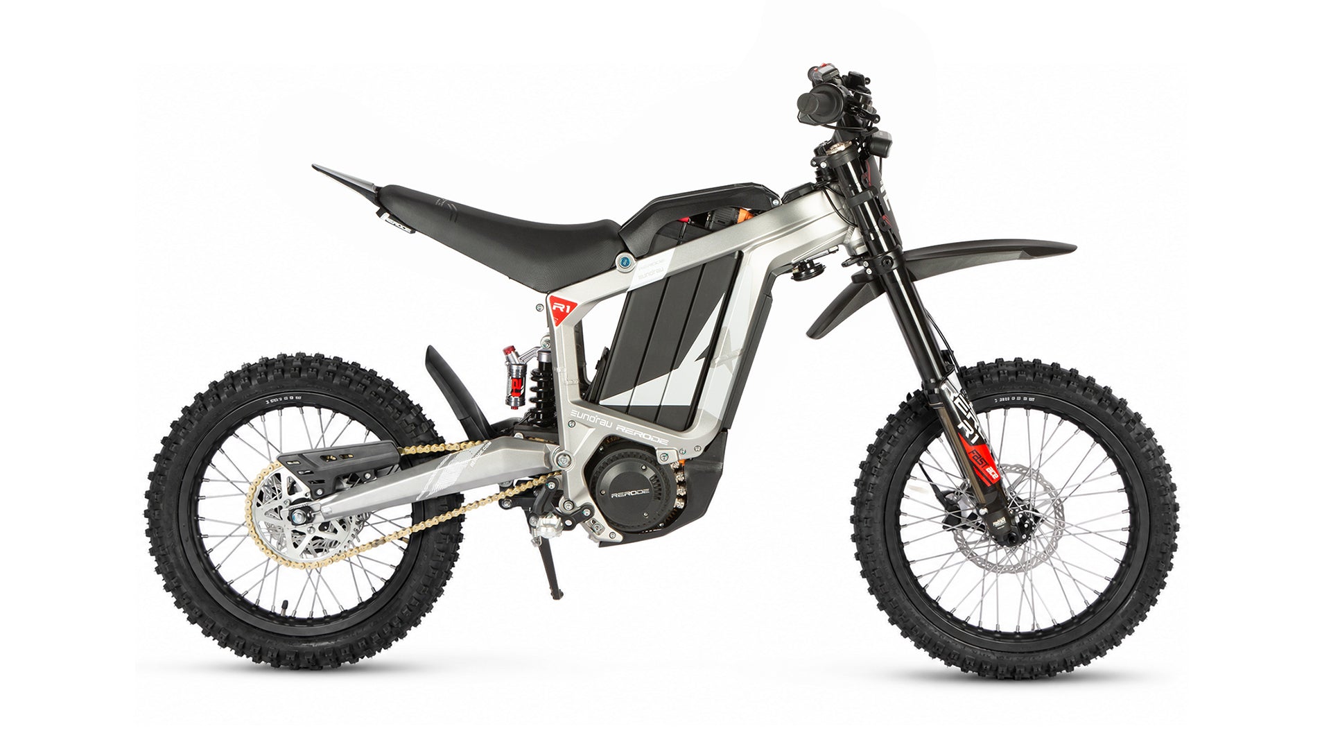 Eunorau R1 Compact Electric Dirt Bike – Silver – front three-quarter right view