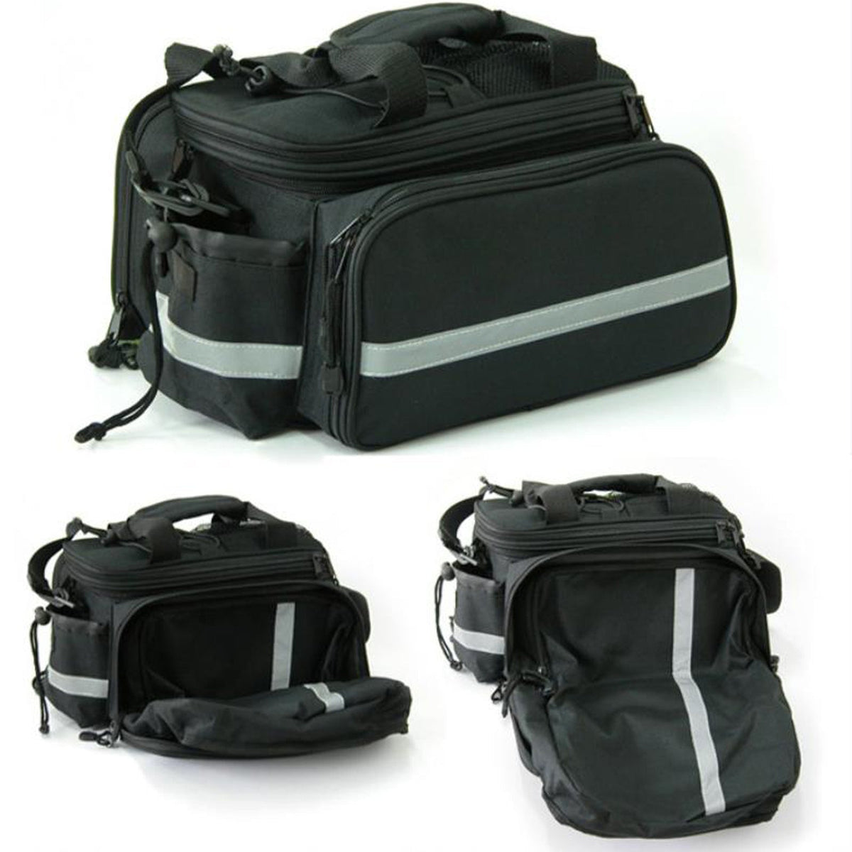 The carrier bag with its side pockets unfolded into panniers