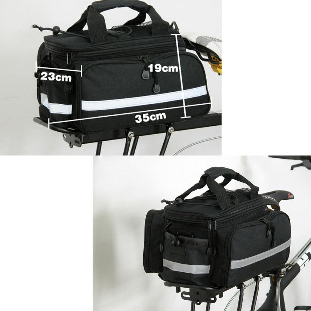 The carrier bag with its size drawn, 35 by 23 by 19 cm, and mounted on a rear rack