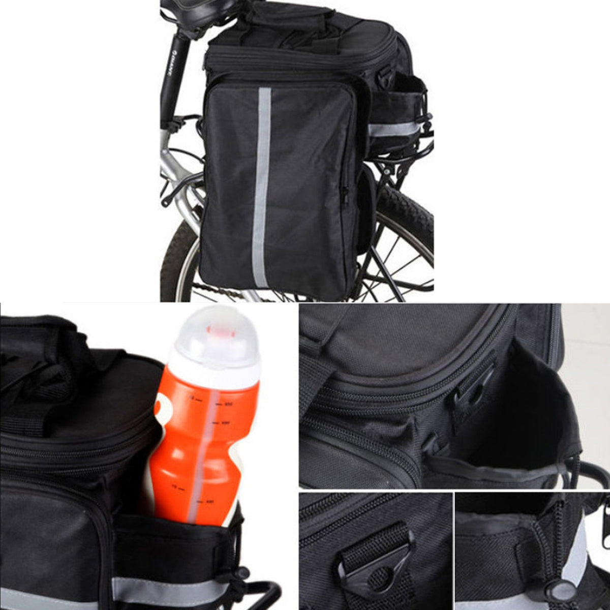 The carrier bag on a rack with a bottle in its side pocket