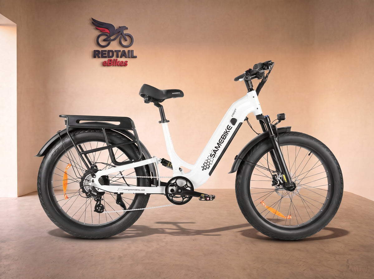 Samebike CREST Fat Tire Mountain Electric Bike, side profile in the Redtail eBikes studio
