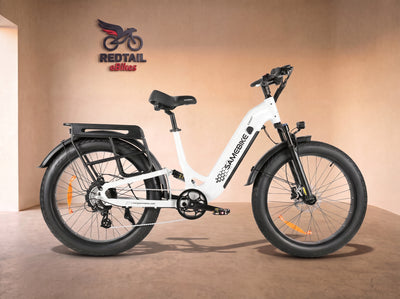 Samebike CREST Fat Tire Mountain Electric Bike, side profile in the Redtail eBikes studio