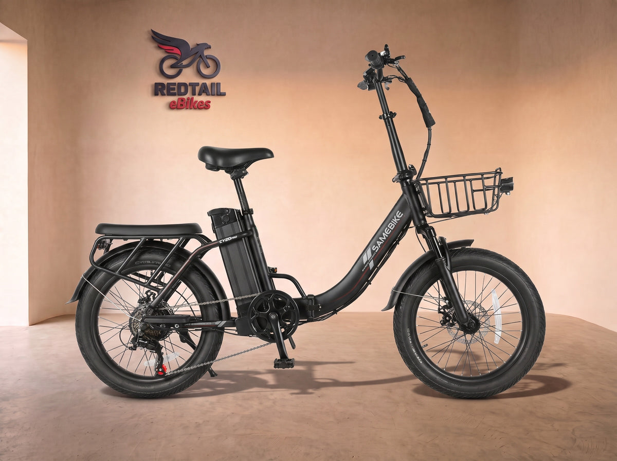 Samebike CY20 Pro Folding Commuter Electric Bike, Spoked Wheel, side profile in the Redtail eBikes studio