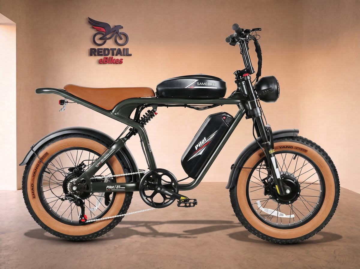Samebike M20-III Dual-Battery Off-Road Electric Bike, side profile in the Redtail eBikes studio
