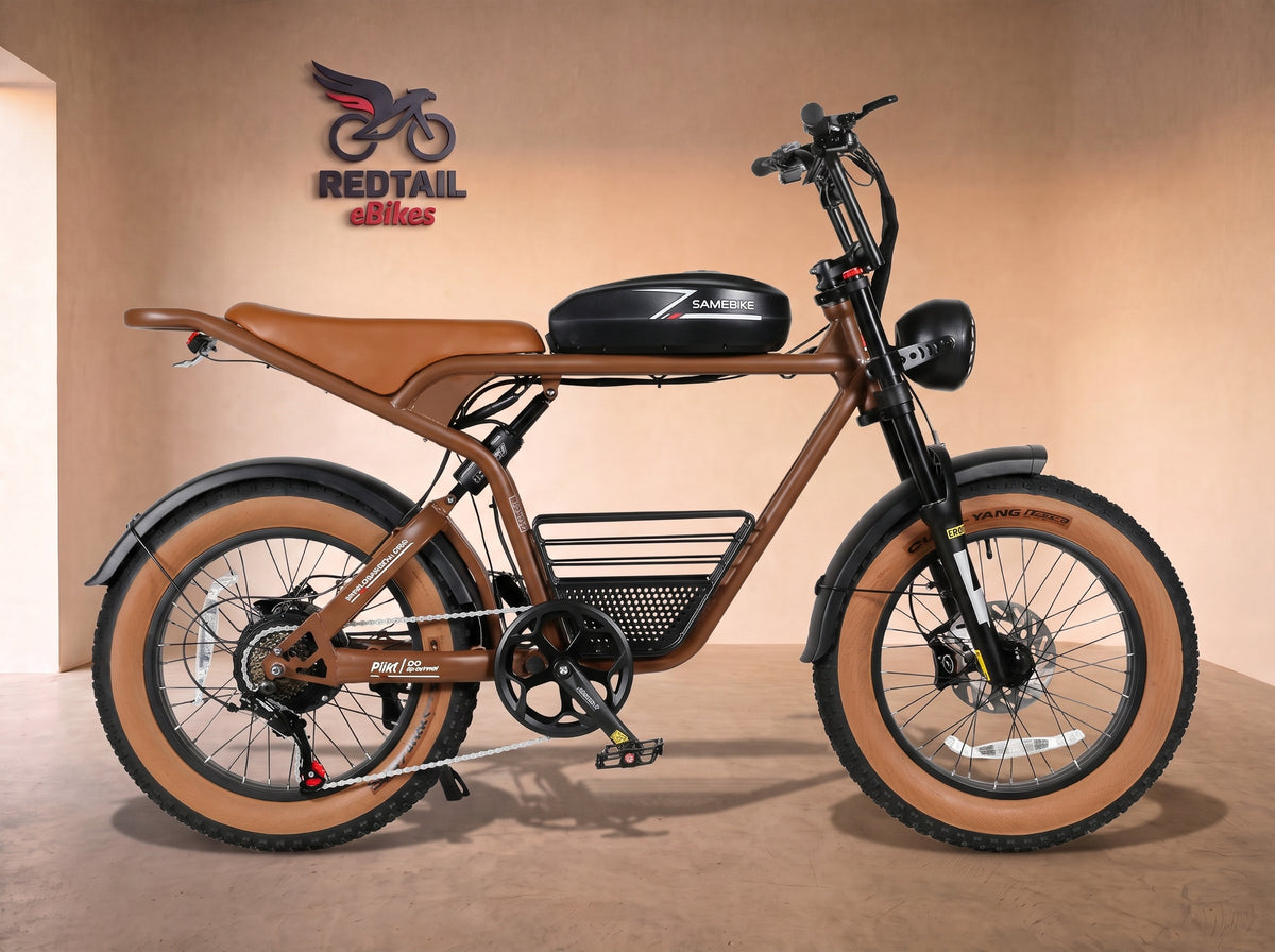 Samebike M20 Retro Off-Road Electric Bike, side profile in the Redtail eBikes studio