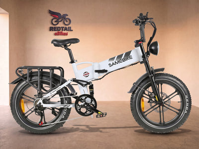 Samebike RS-A02 Plus Folding Fat Tire Electric Bike, side profile in the Redtail eBikes studio
