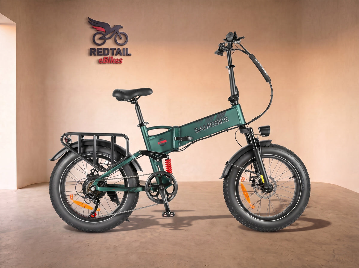 Samebike RS-A02 Pro Folding Fat Tire Electric Bike, side profile in the Redtail eBikes studio