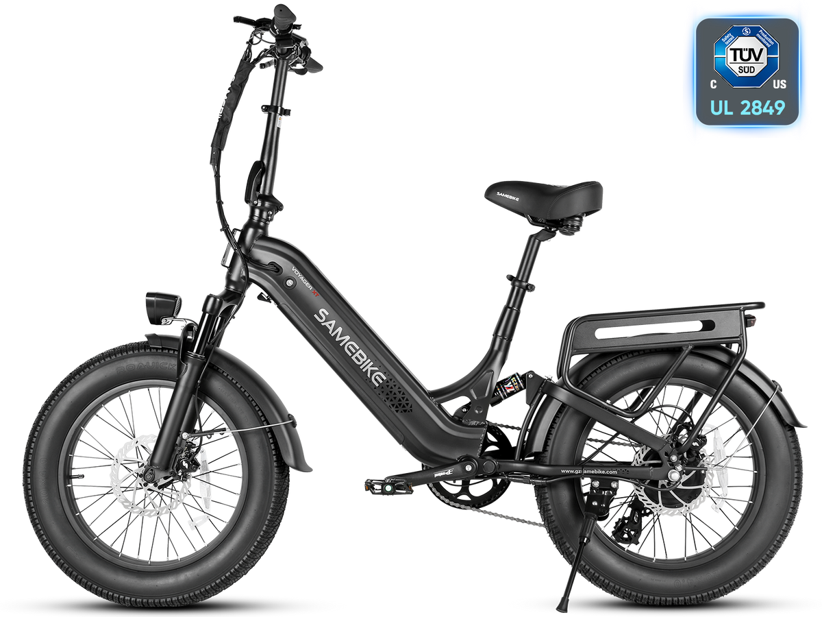 Samebike VOYAGER fat tire city e-bike in Black, side profile with rear rack and fenders
