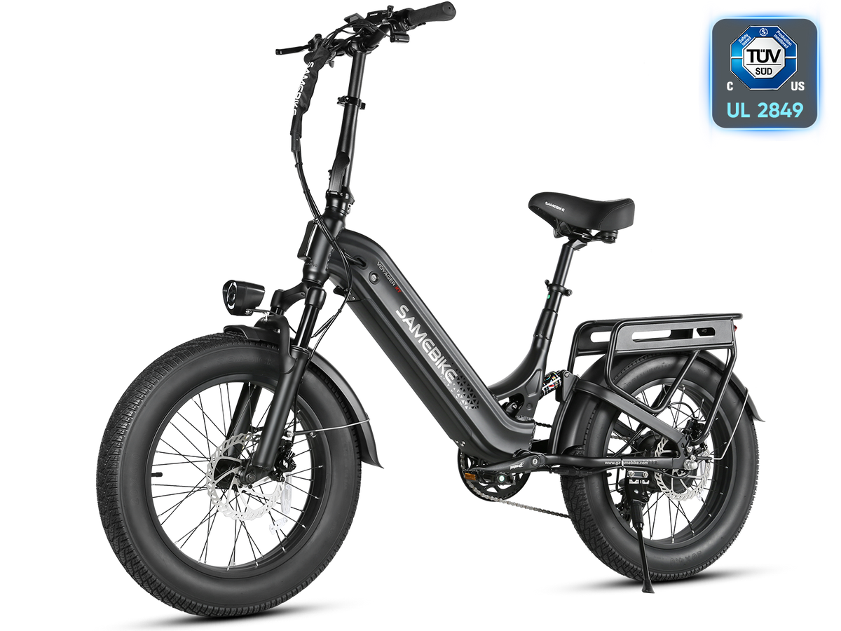 Samebike VOYAGER in Black, three-quarter front view with headlight and front fork