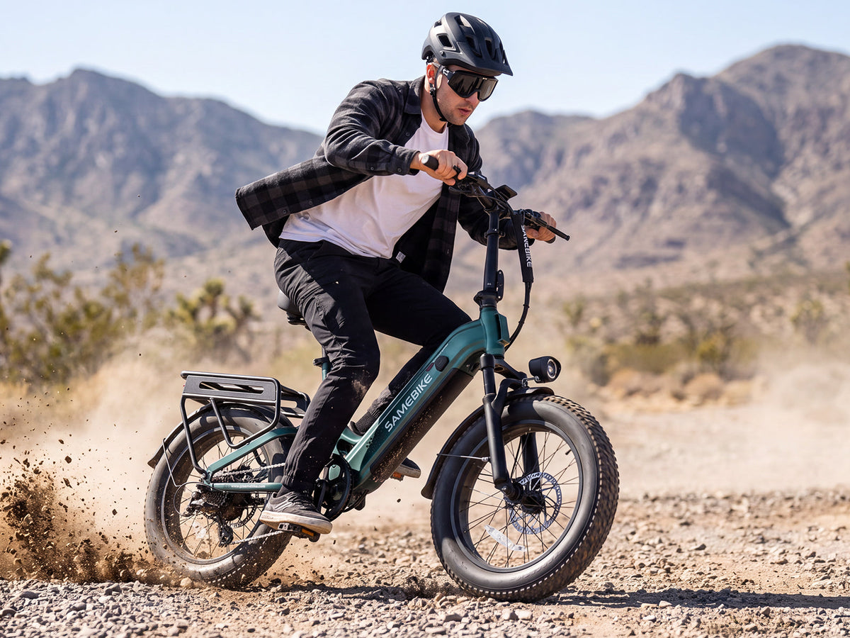 Rider on a Samebike VOYAGER on a dirt road
