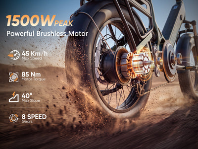 Samebike VOYAGER rear hub motor graphic: 1500 W peak, 45 km/h, 85 Nm, 8 speeds