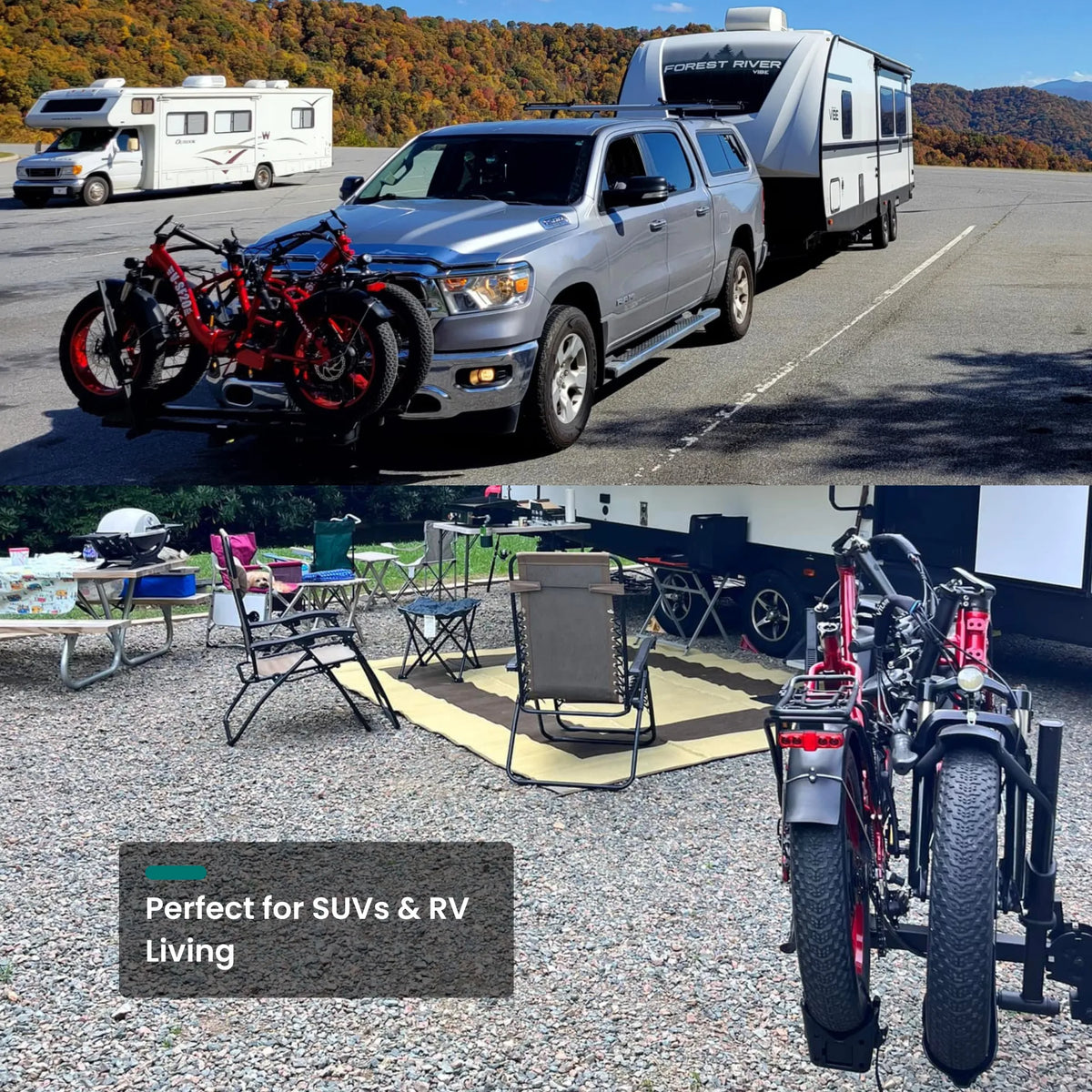 SF20H bikes on a car rack beside an RV at a campsite