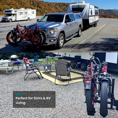 SF20H bikes on a car rack beside an RV at a campsite