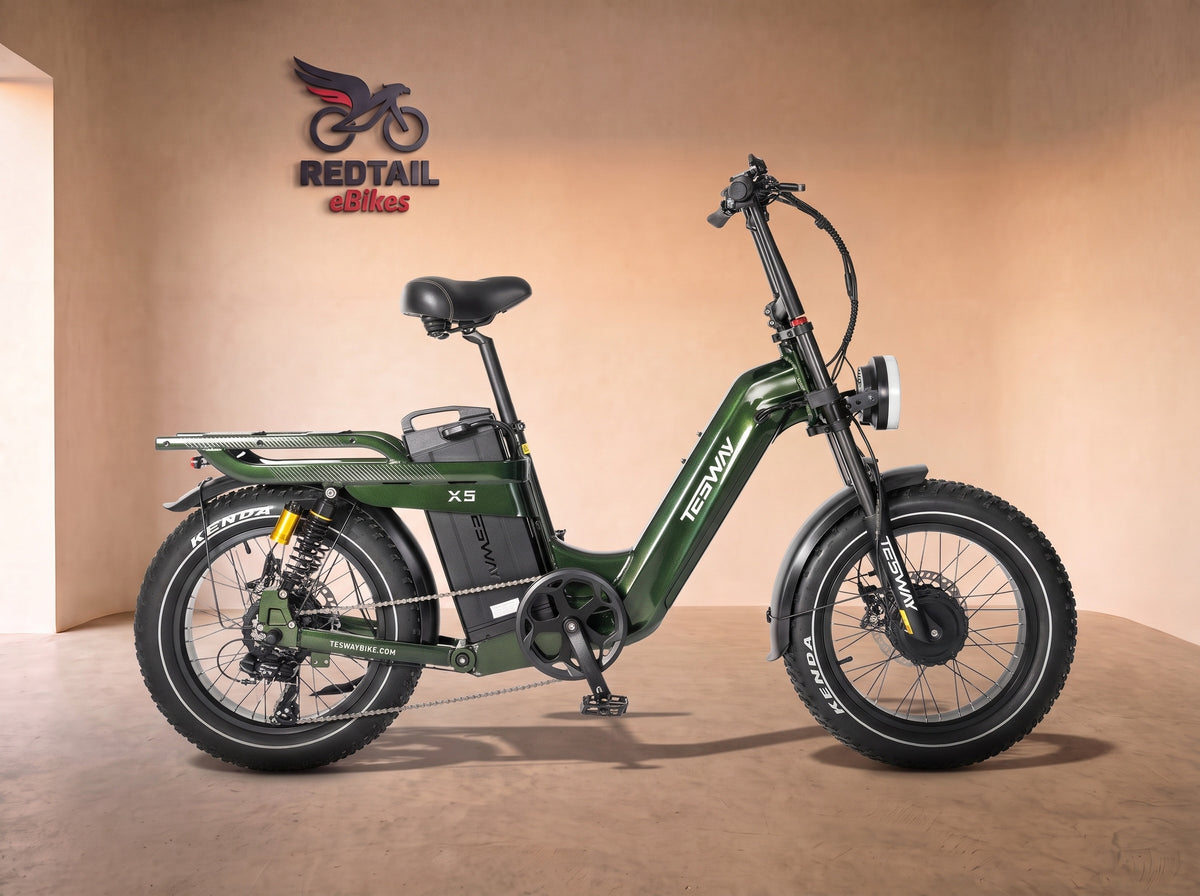 Tesway X5 AWD Step-Thru Dual-Motor Fat Tire Electric Bike, 52V 60Ah, side profile in the Redtail eBikes studio