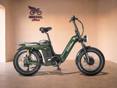 Tesway X5 AWD Step-Thru Dual-Motor Fat Tire Electric Bike, 52V 60Ah, side profile in the Redtail eBikes studio