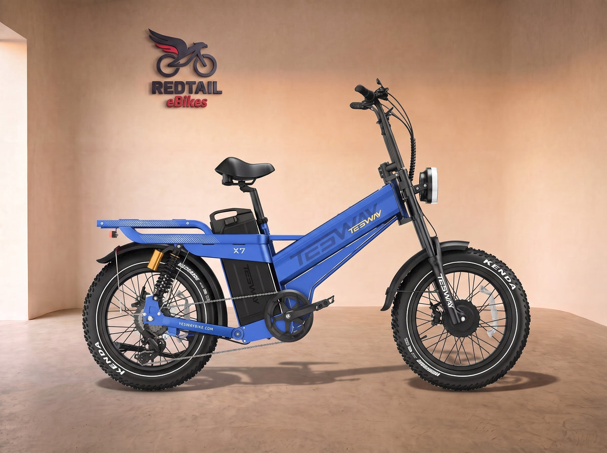 Tesway X7 AWD Dual-Motor Fat Tire Electric Bike, 3600W Peak, 52V 60Ah, side profile in the Redtail eBikes studio