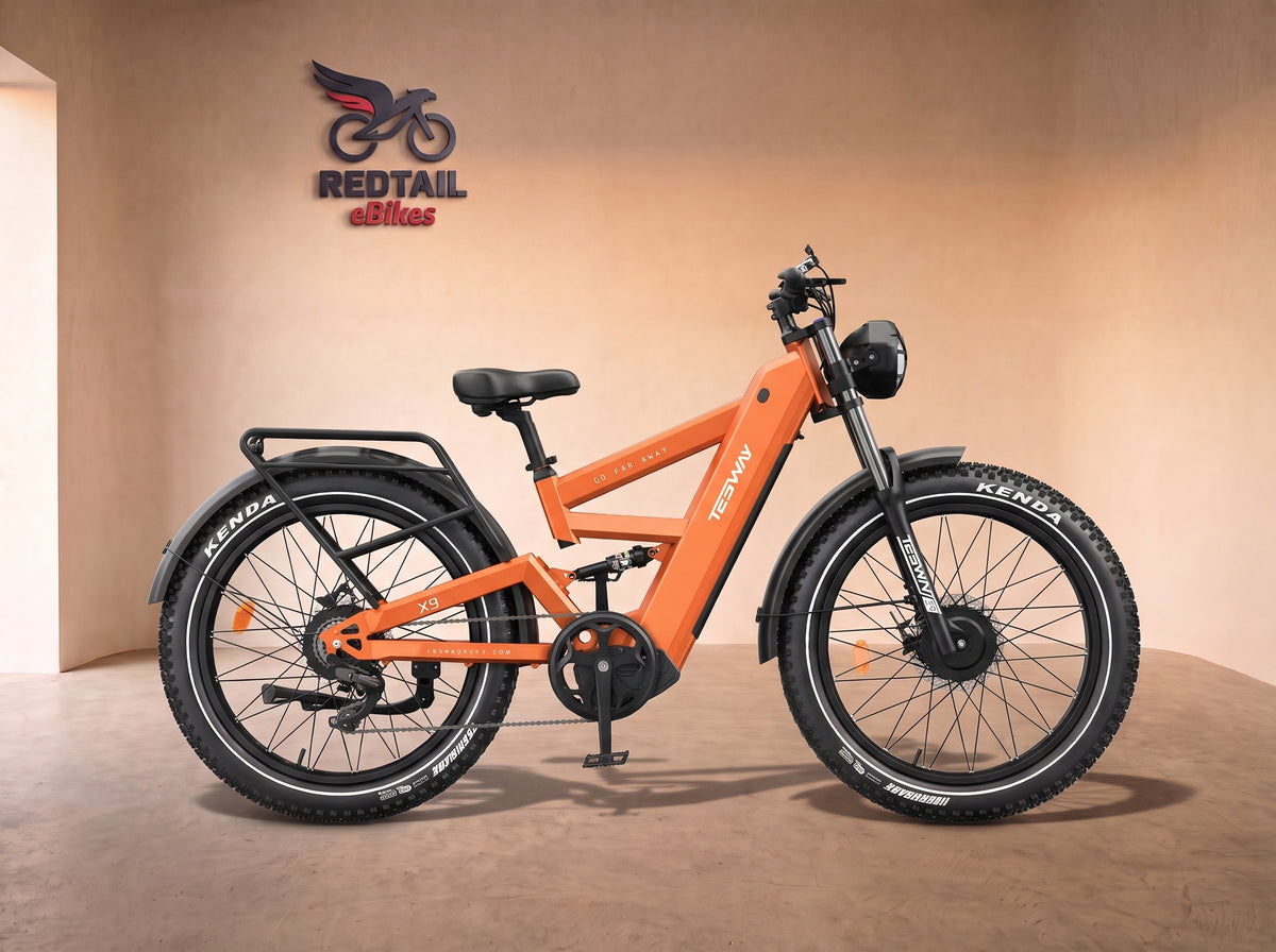 Tesway X9 Ultra 60V Dual-Motor Electric Mountain Bike, 4000W Peak, side profile in the Redtail eBikes studio