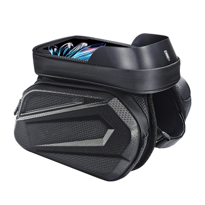 VTUVIA hard-shell top tube bag, open, with the touchscreen window