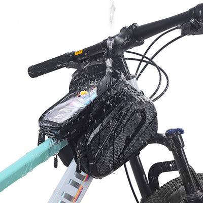 The top tube bag mounted behind the stem of a mint bike