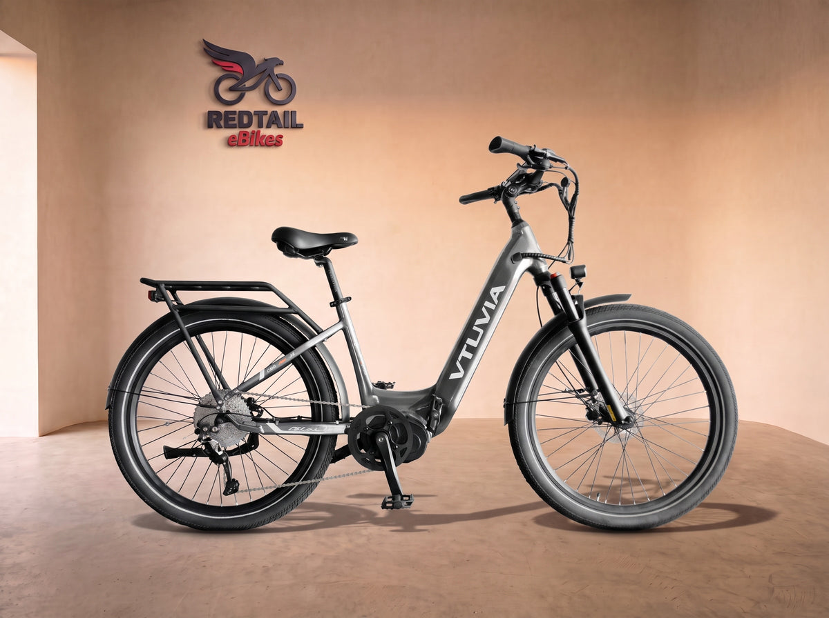 VTUVIA CMB 8-Speed Mid-Drive City Electric Bike, side profile in the Redtail eBikes studio