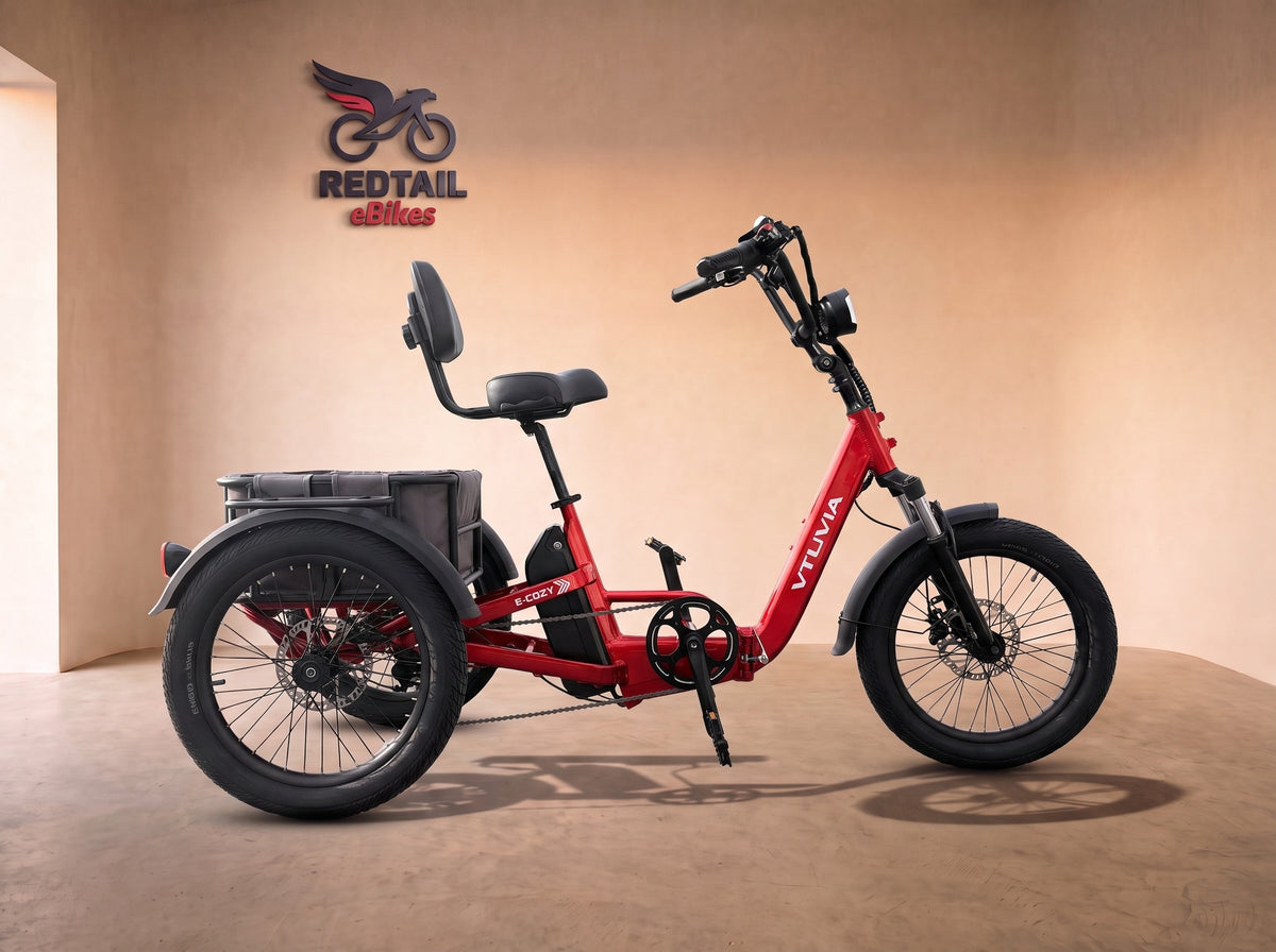VTUVIA E-Cozy Electric Trike, side profile in the Redtail eBikes studio