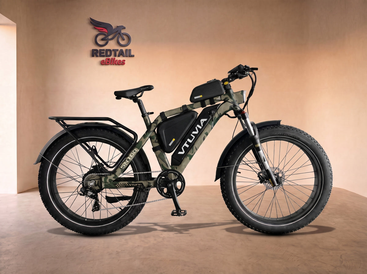 VTUVIA SN100 750W Fat Tire Hunting Electric Mountain Bike, side profile in the Redtail eBikes studio