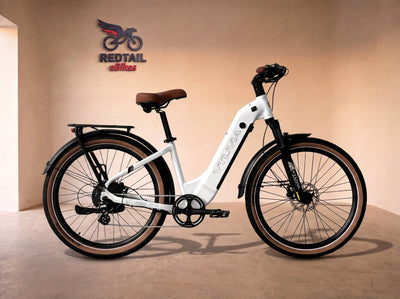 VTUVIA Zeal XT8 750W Step-Through Commuter Electric Bike, side profile in the Redtail eBikes studio