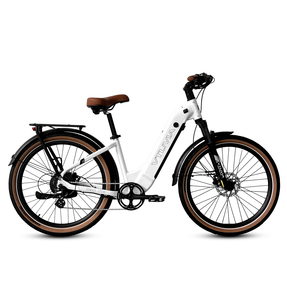 White VTUVIA Zeal XT8 step-through commuter with a brown saddle, side view
