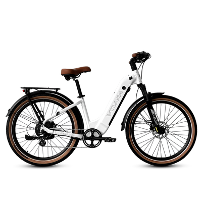 White VTUVIA Zeal XT8 step-through commuter with a brown saddle, side view