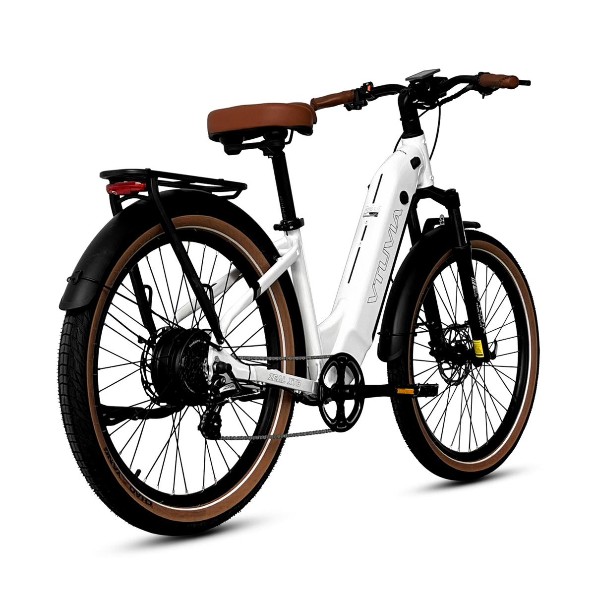White Zeal XT8, rear three-quarter view, rack and fenders in view
