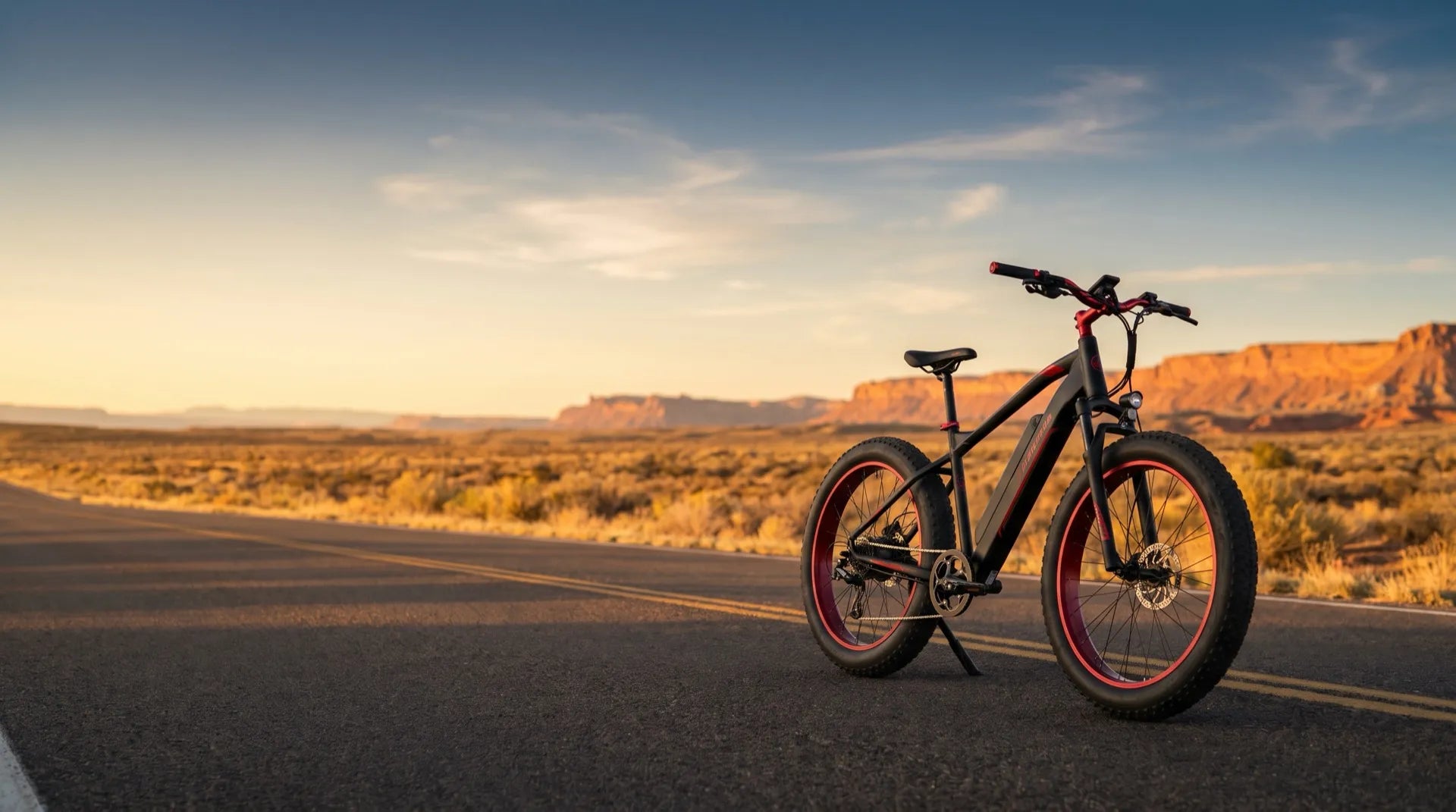 Redtail electric fat-tire bike on an open desert highway at sunset